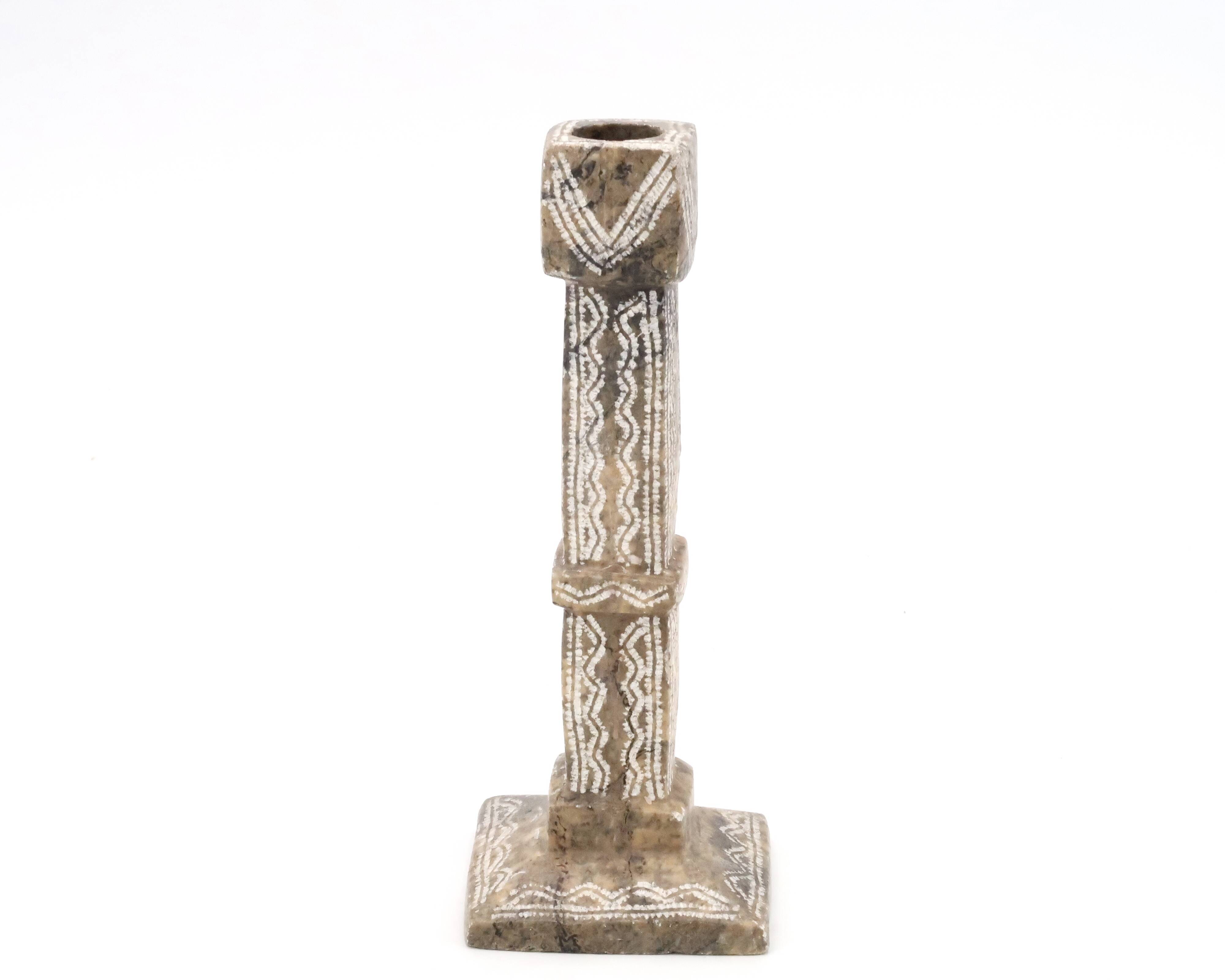 Moroccan candle holder in carved beige stone, 1970s