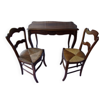 Louis XV cabaret desk with 2 straw chairs