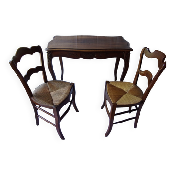 Louis XV cabaret desk with 2 straw chairs