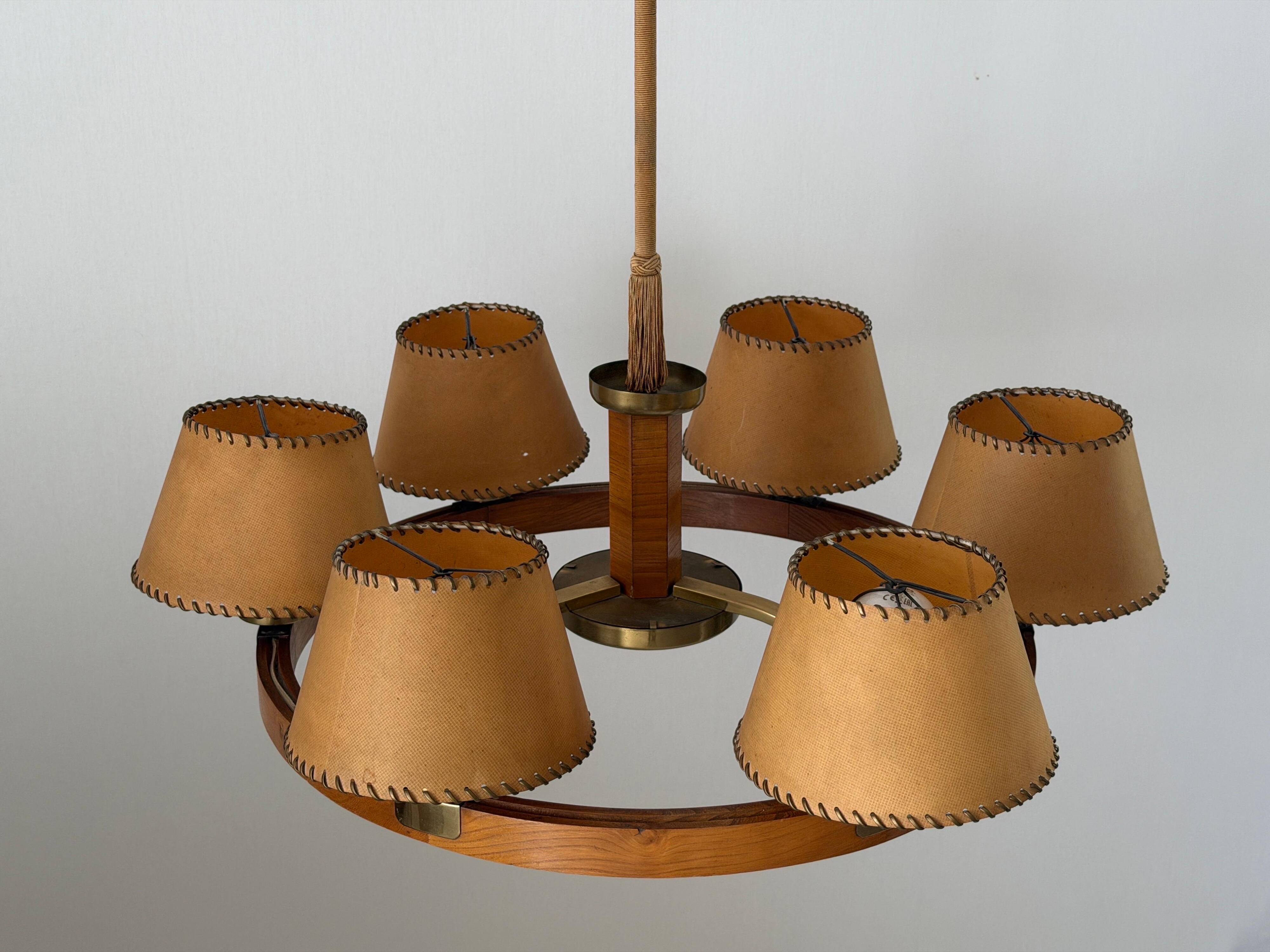 6 wooden paper head chandeliers with brass details, 1960s, Germany