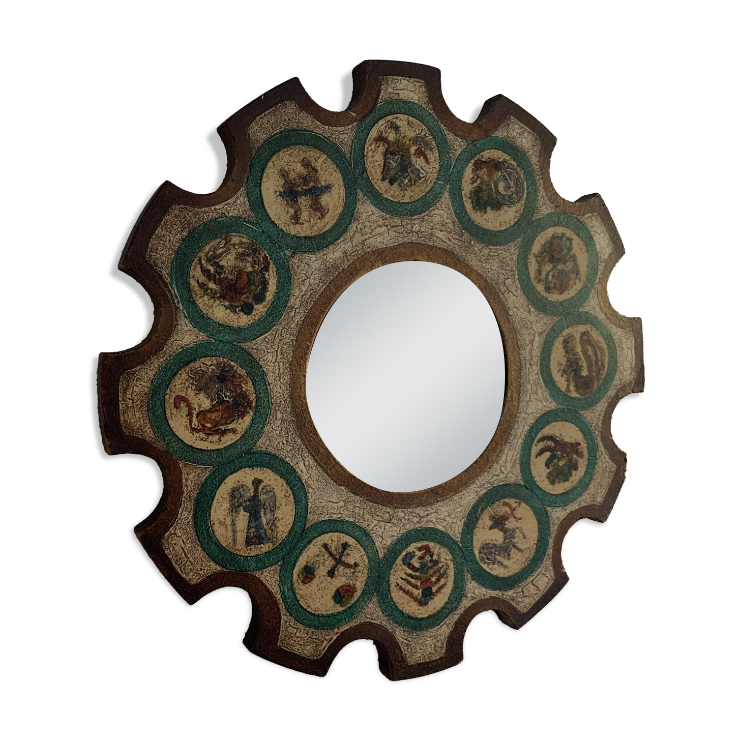 Vintage 1960s witch's eye sun mirror, wooden zodiac - 56 cm