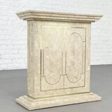 Travertine and Brass Marquetry Console Table and Mirror, 1970s, Set of 2
