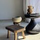 Small stool, oval solid teak accent stool wabi-sabi H25 45x31.