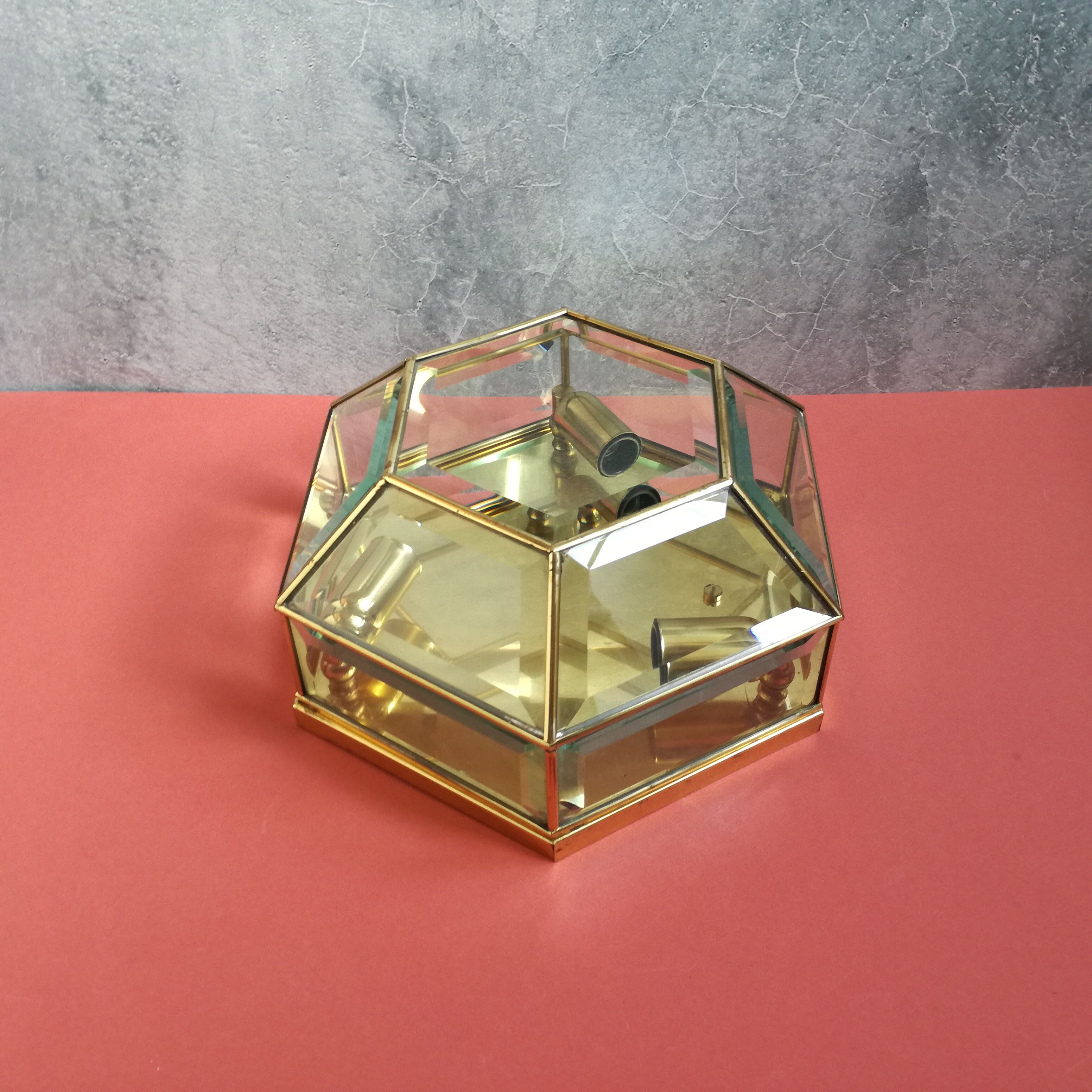 Hexagonal brass and bevelled glass ceiling light