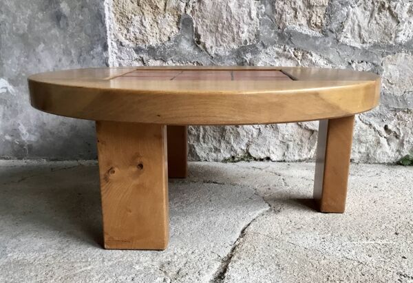 Table basse ronde en orme massif et tomettes - tripode - design 1970
