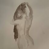 Tableau signé aquarelle monochrome sépia portrait féminin « la coiffure »