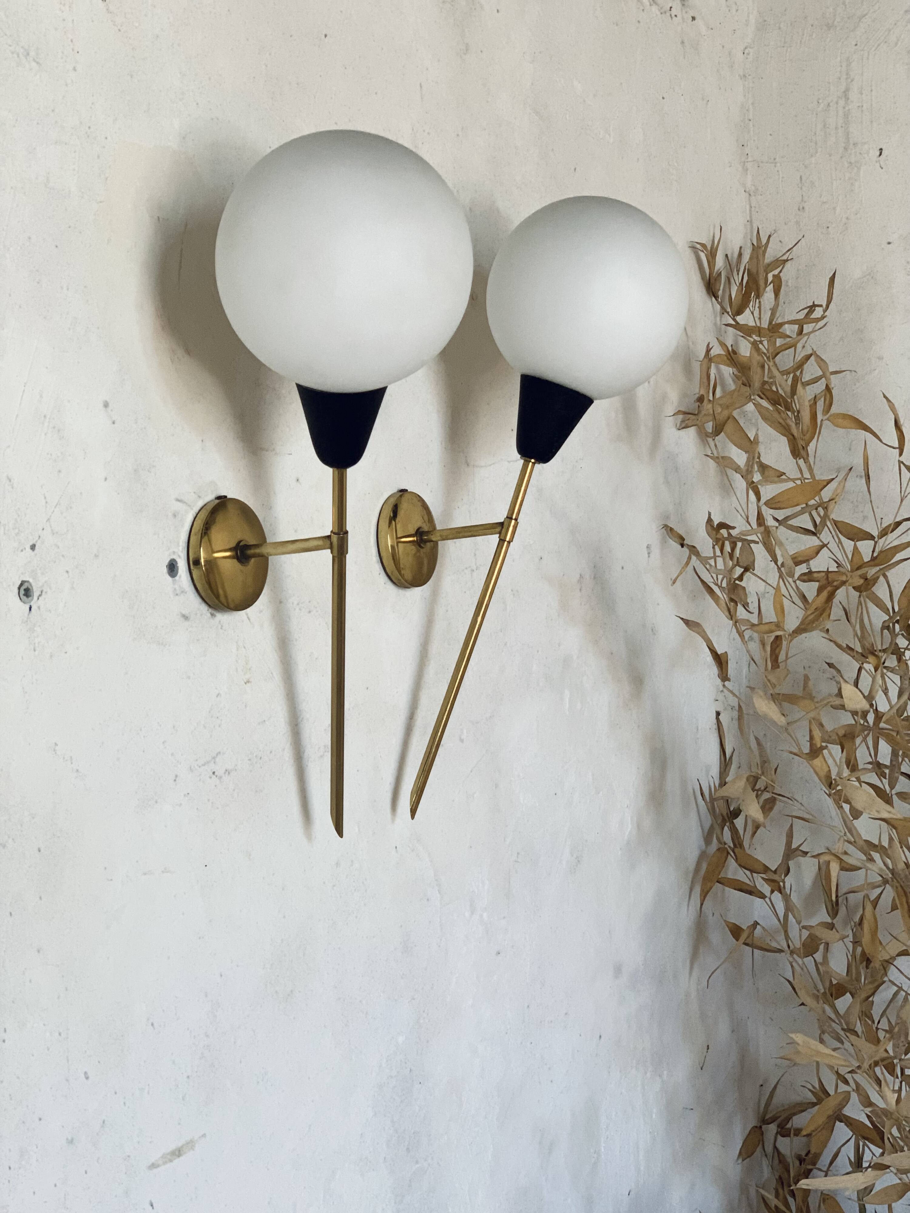 Pair of vintage brass and opaline wall lights