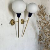 Pair of vintage brass and opaline wall lights