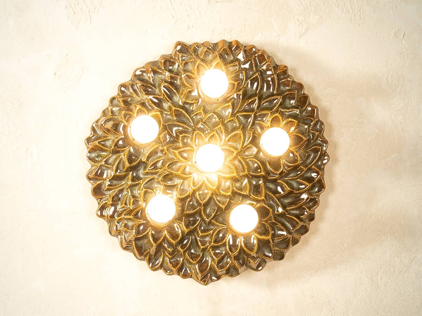 1970s Ceramic Wall Lamp with Floral Ornamentation