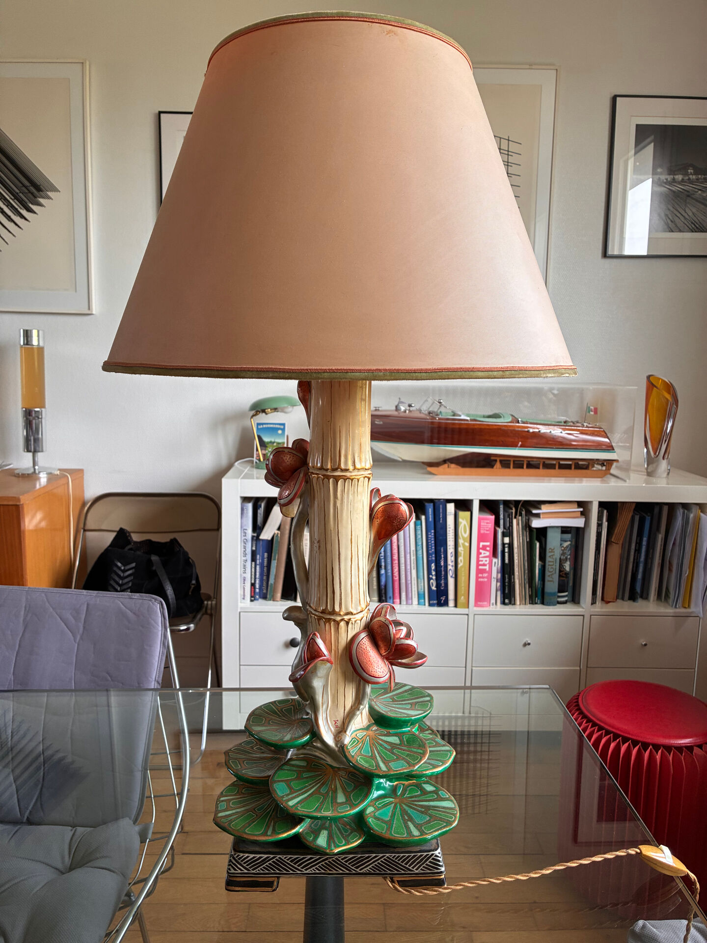 Large ceramic lamp with slip decoration signed F.D.