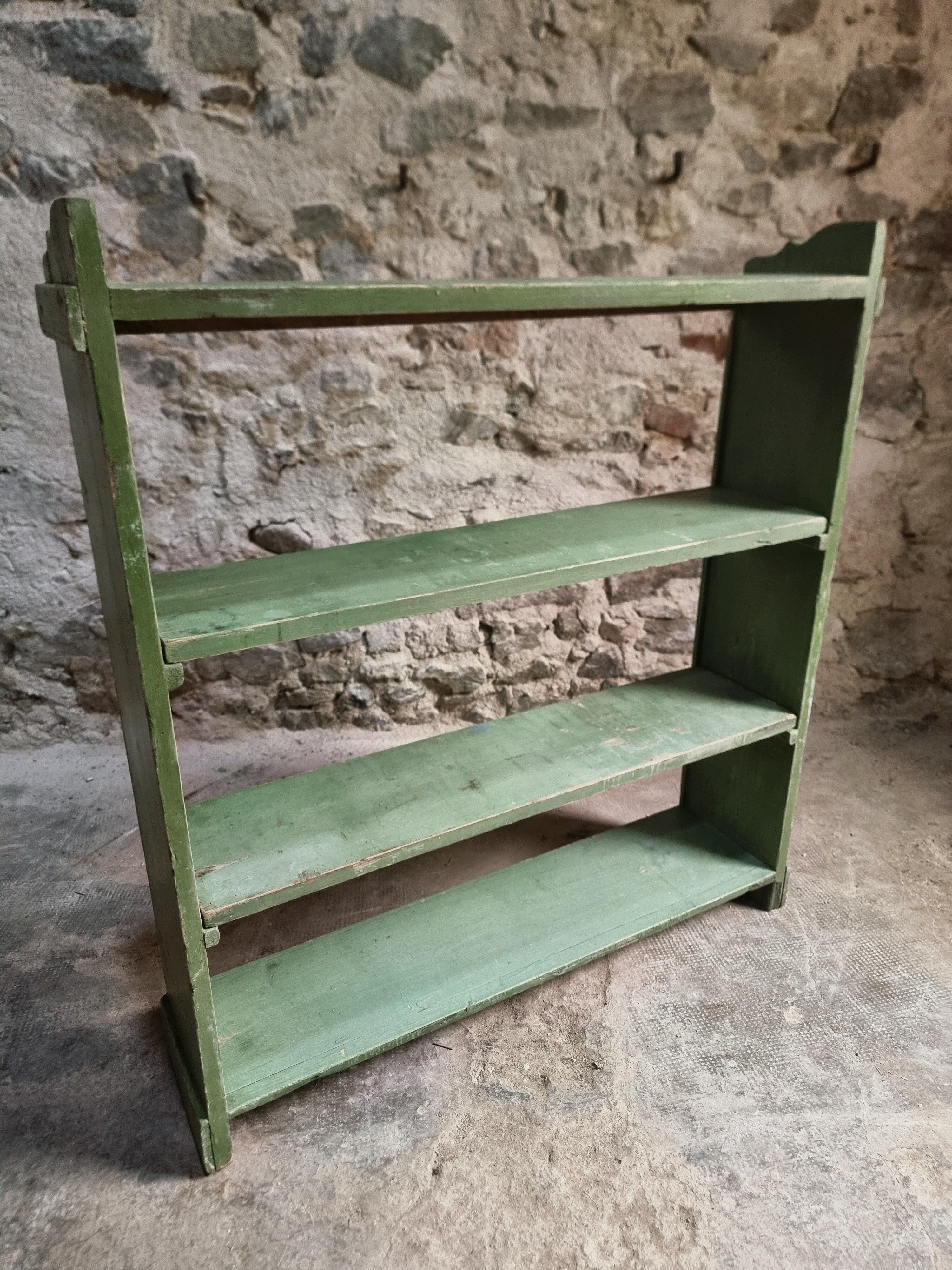Vintage open pine shelf, original sage green paint, circa 1900–1930.