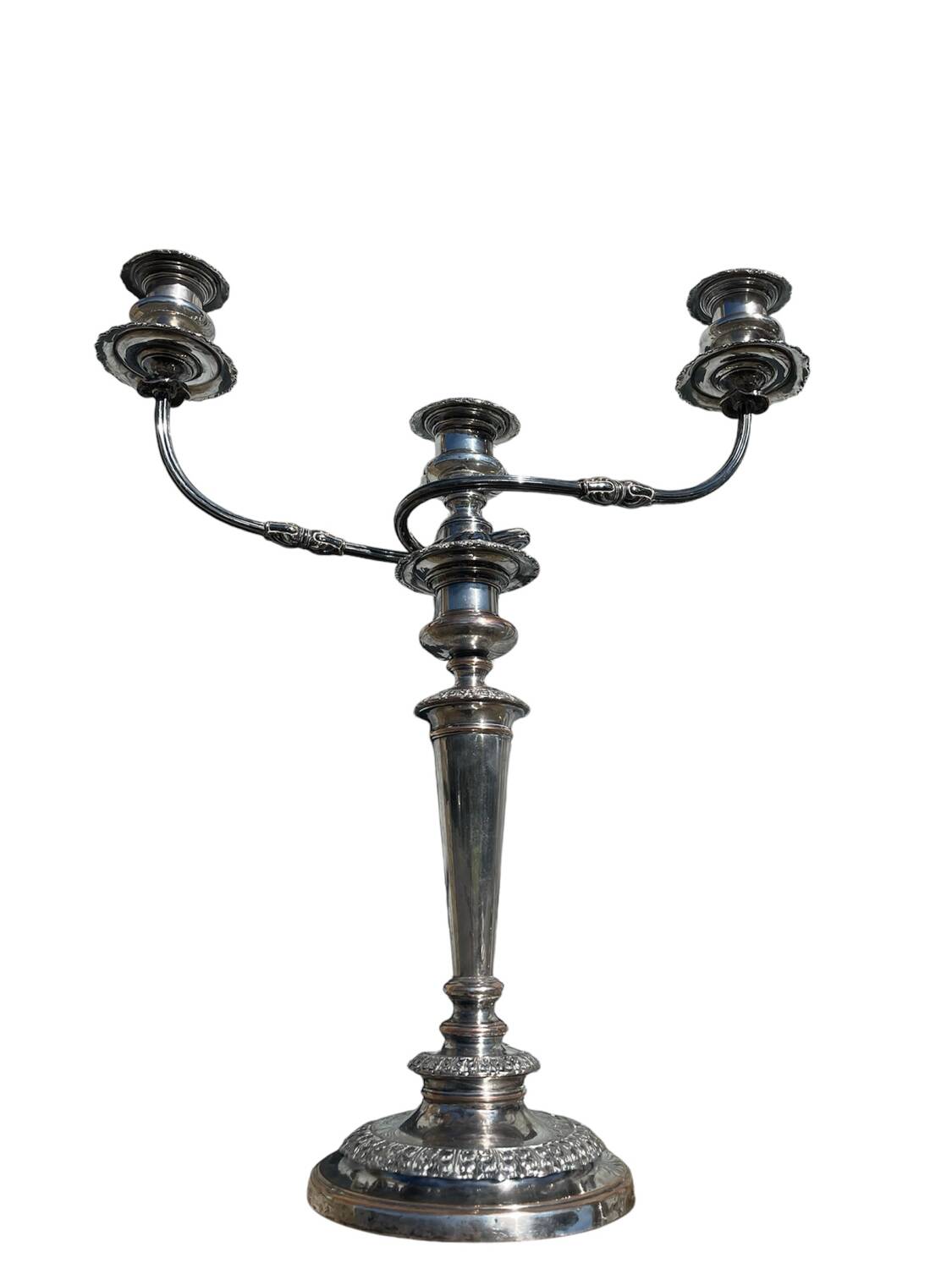 Pair of convertible three-light candelabra in silver-plated metal.