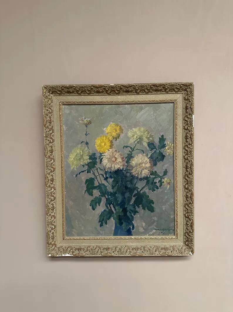 Original Swedish Oil on Panel – “Chrysanthemums” by Max Hellberg – Signed – Vintage & Framed – 68 × 58 cm (26.8" × 22.8")