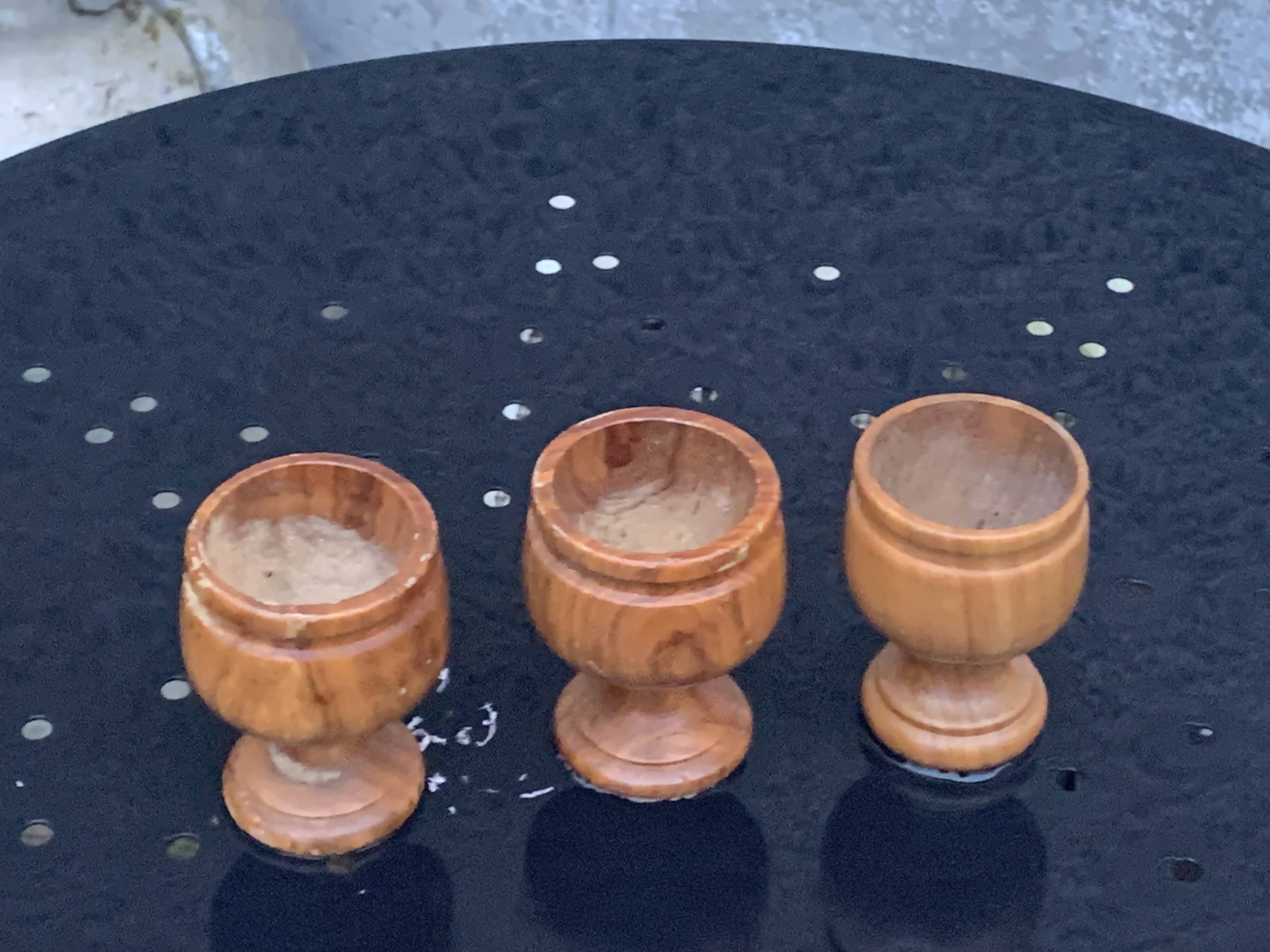 3 wooden egg cups, vintage