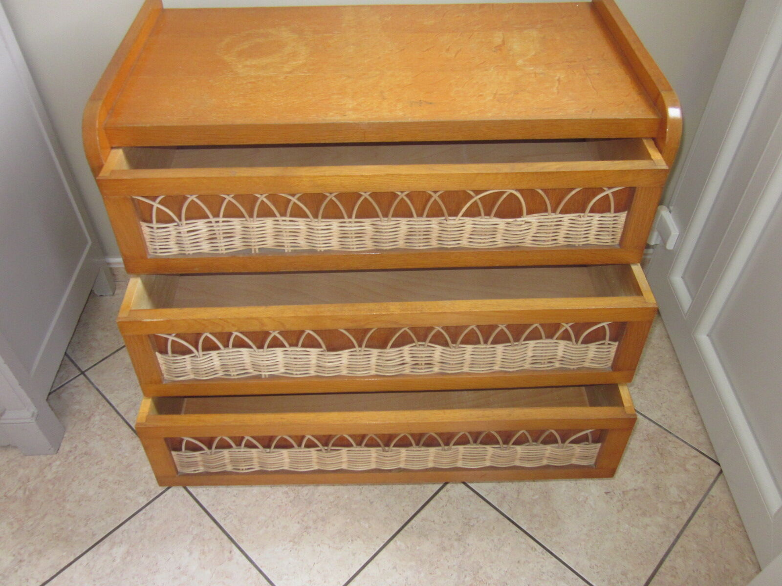 Vintage wood and rattan dresser