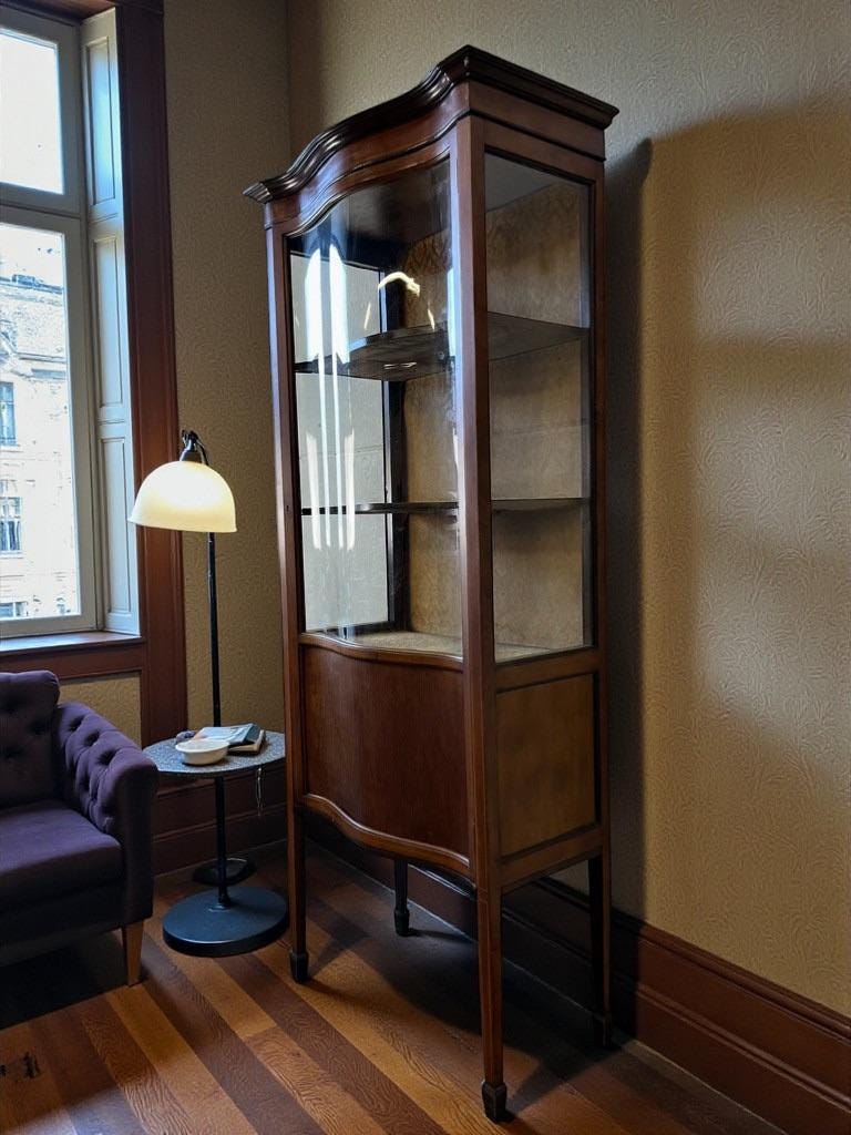 vintage wooden display cabinet with curved glass