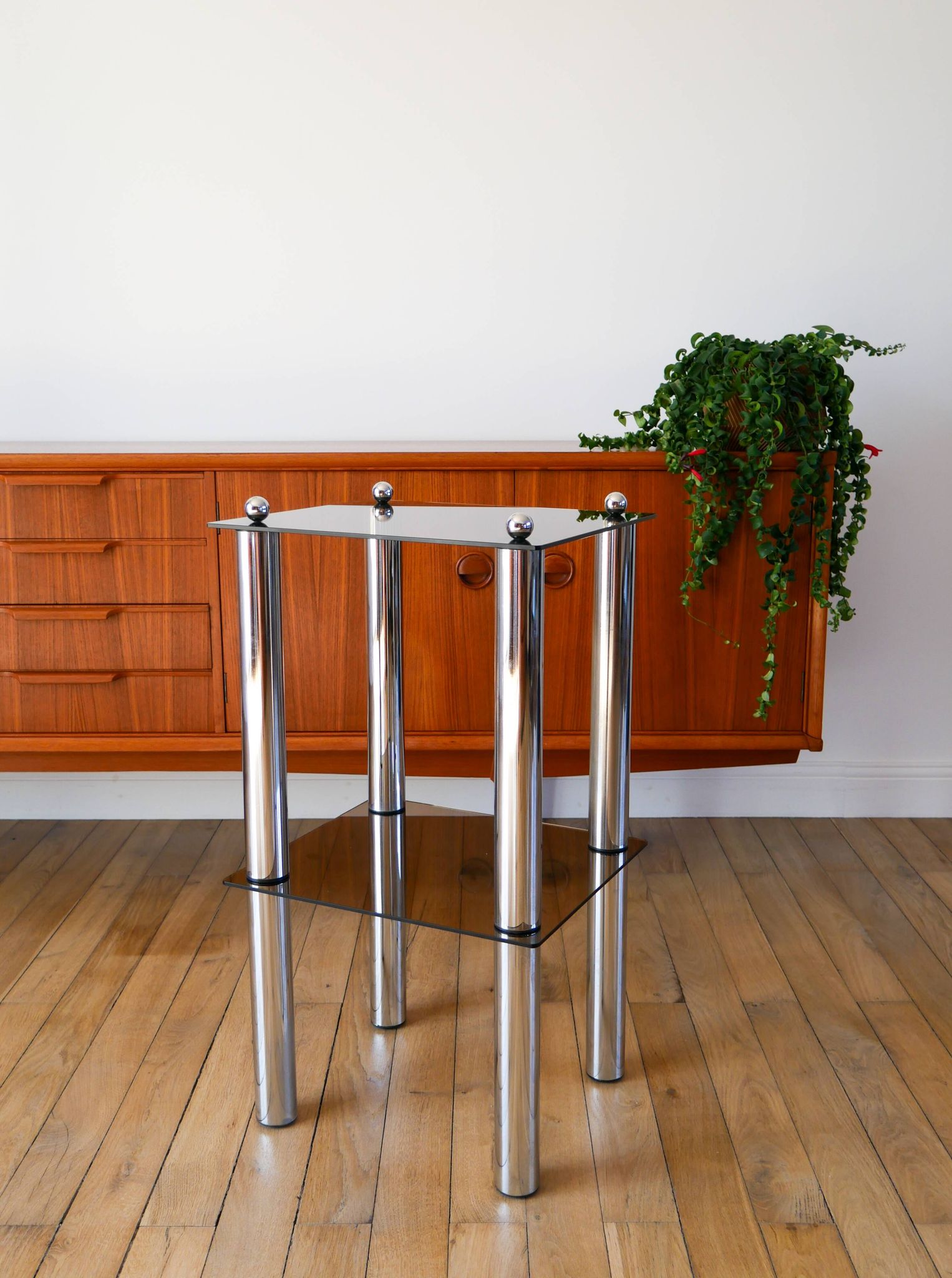 Bolster in chrome and smoked glass, double floors, Design, 1970