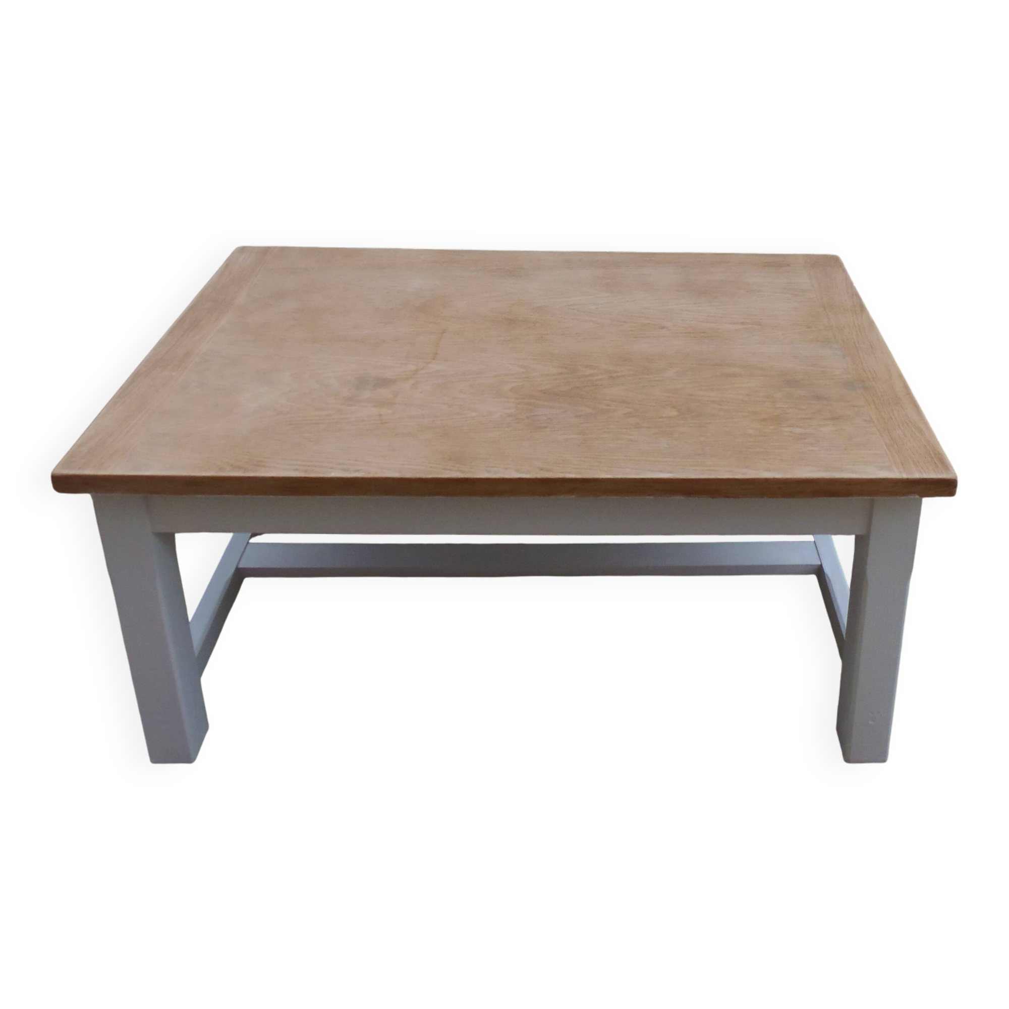 Table basse vintage piètement gris perle, plateau bois.