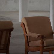 Mid-20th century, pair of armchairs by Henning Kjærnulf, oak and alcantara, 1960s.