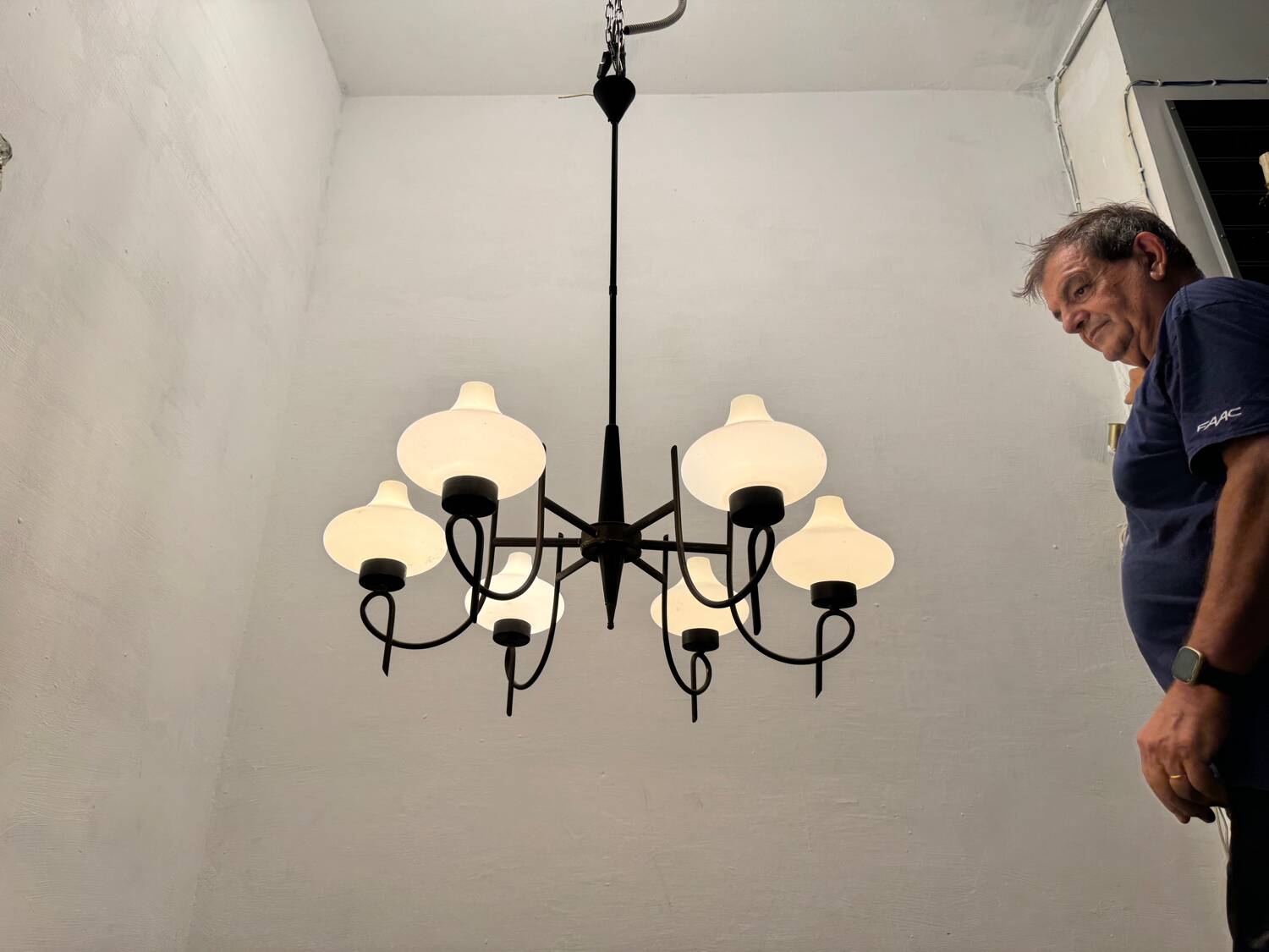 Italian Bronze Opaline Glass Chandelier 1950’s