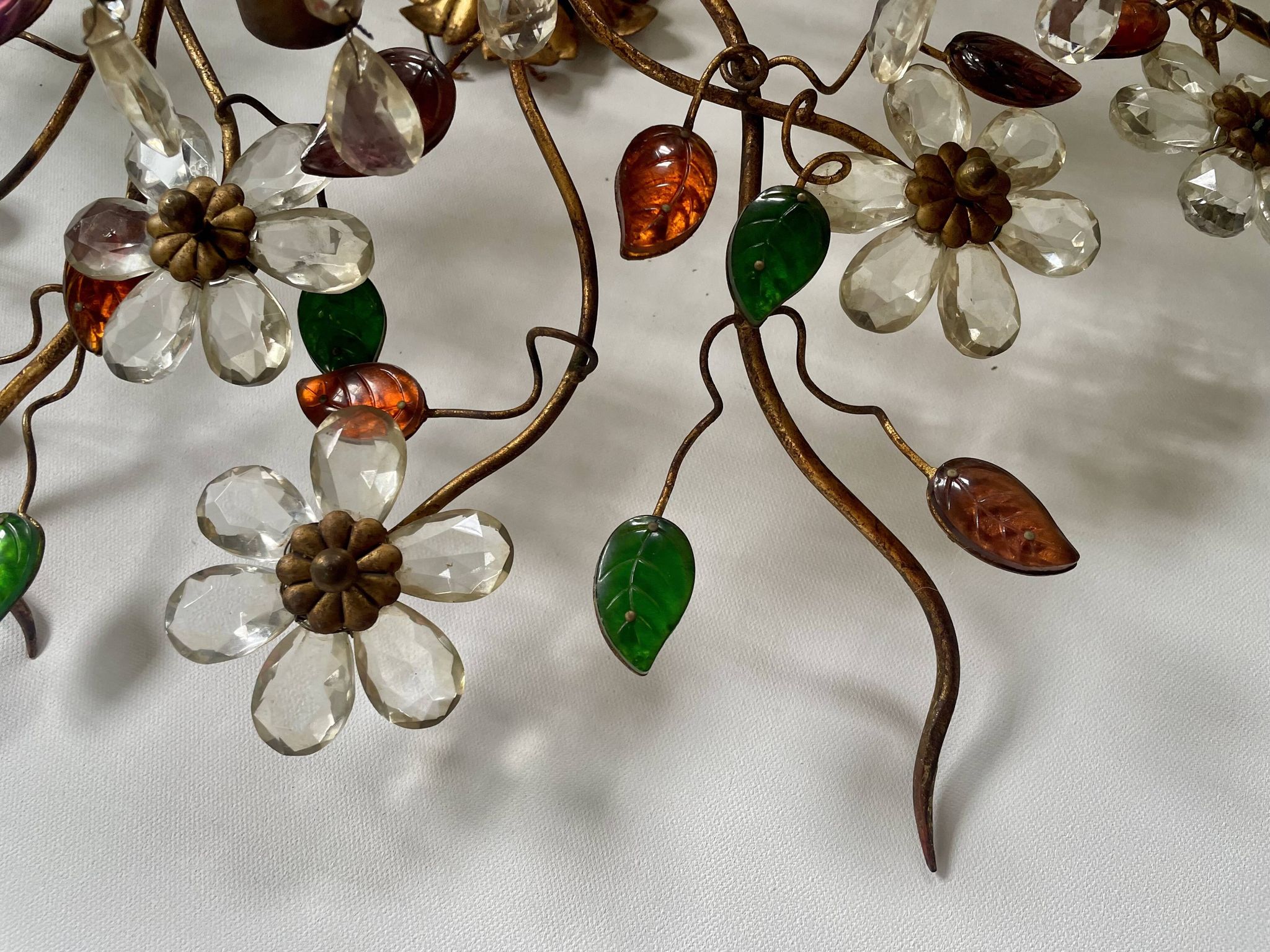 Floral chandelier Banci Firenze with 6 lights, coloured glass and gold metal.