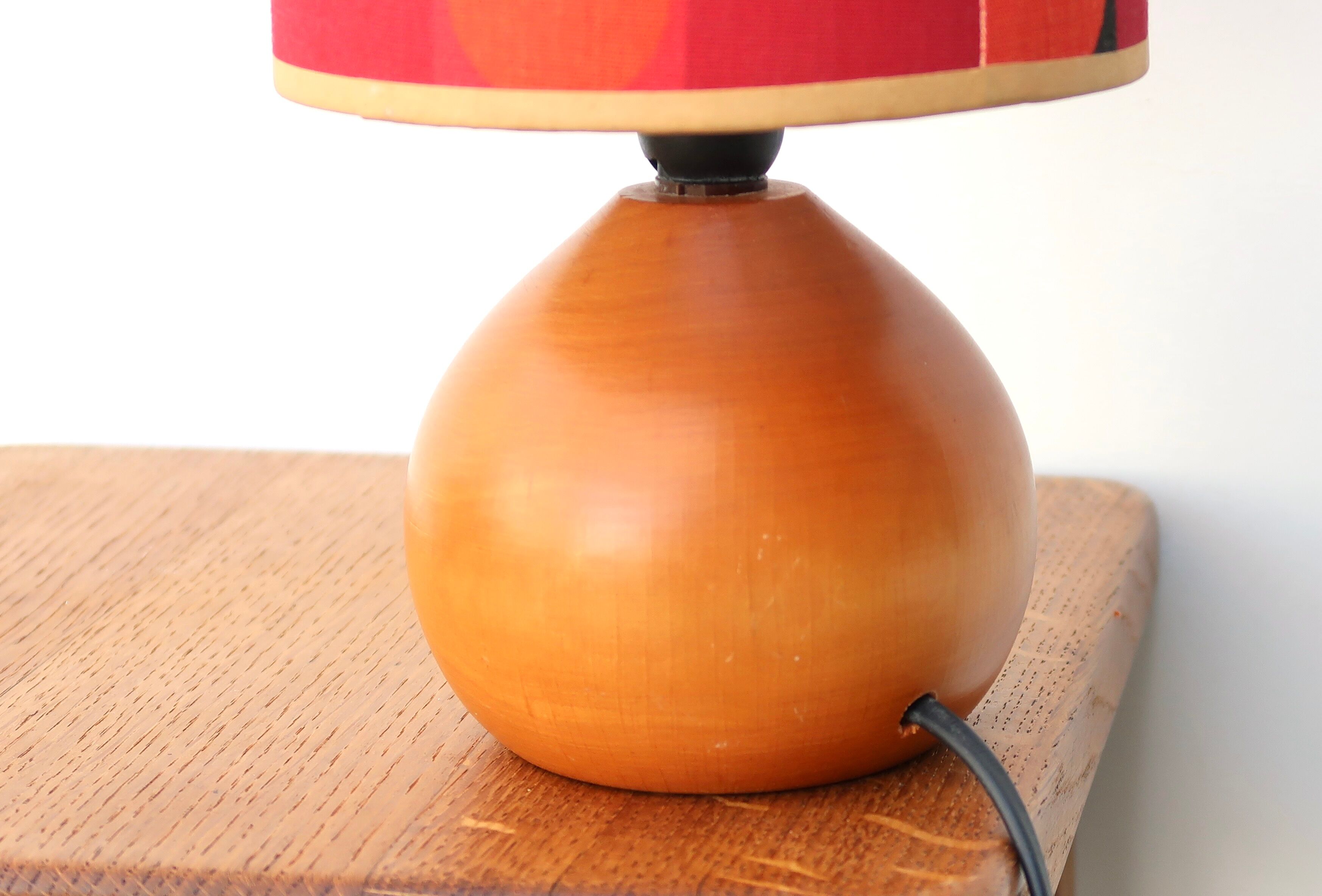 Wooden lamp, lampshade graphic fabric, 70s