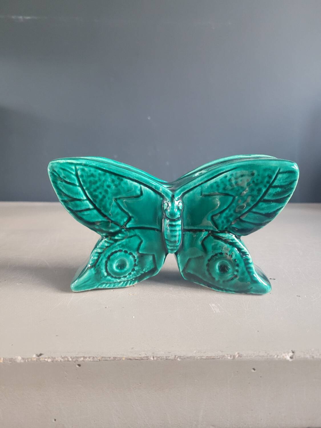 Green glazed ceramic butterfly flower frog
