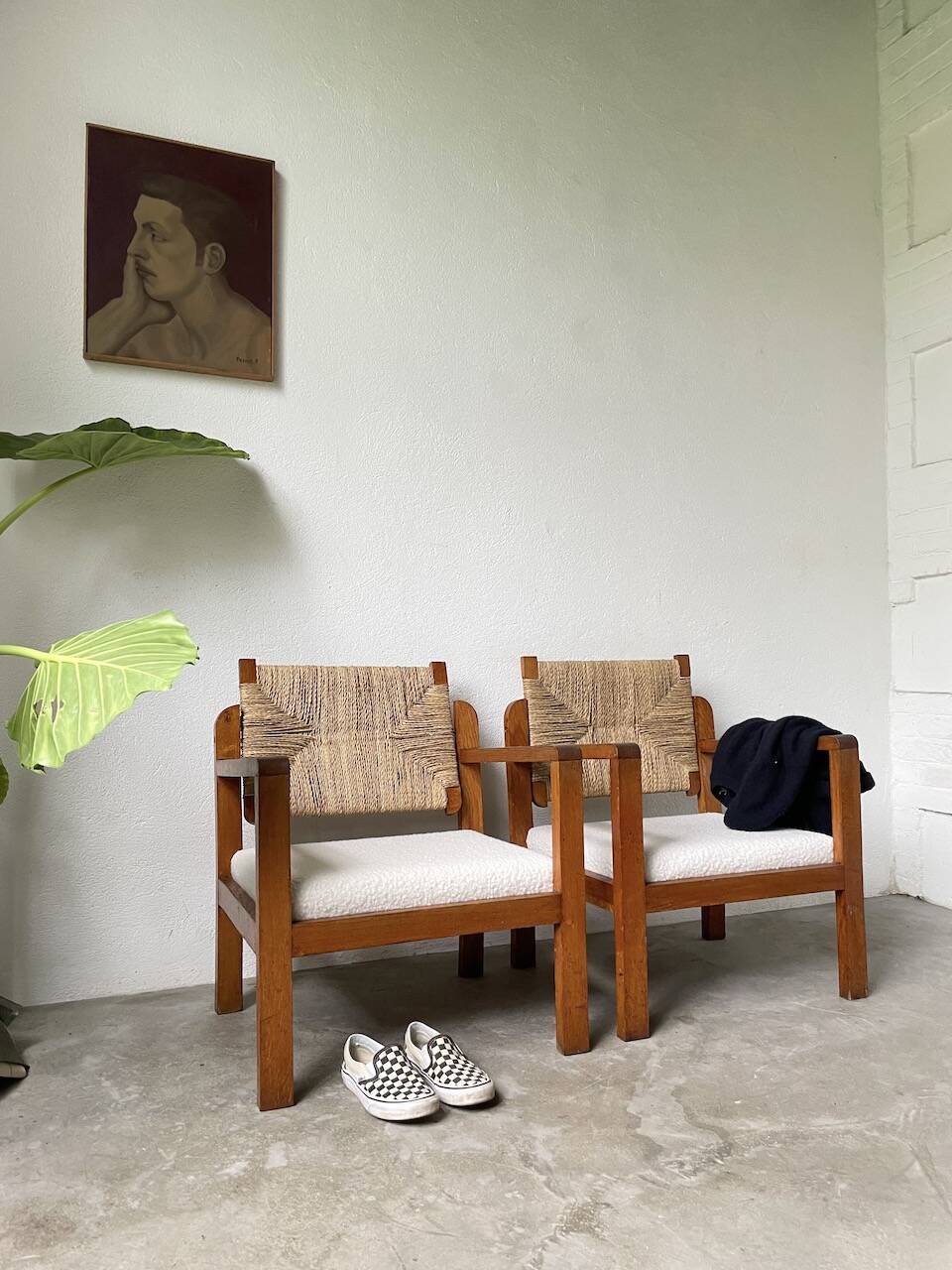 Pair of oak and straw armchairs, reconstruction style