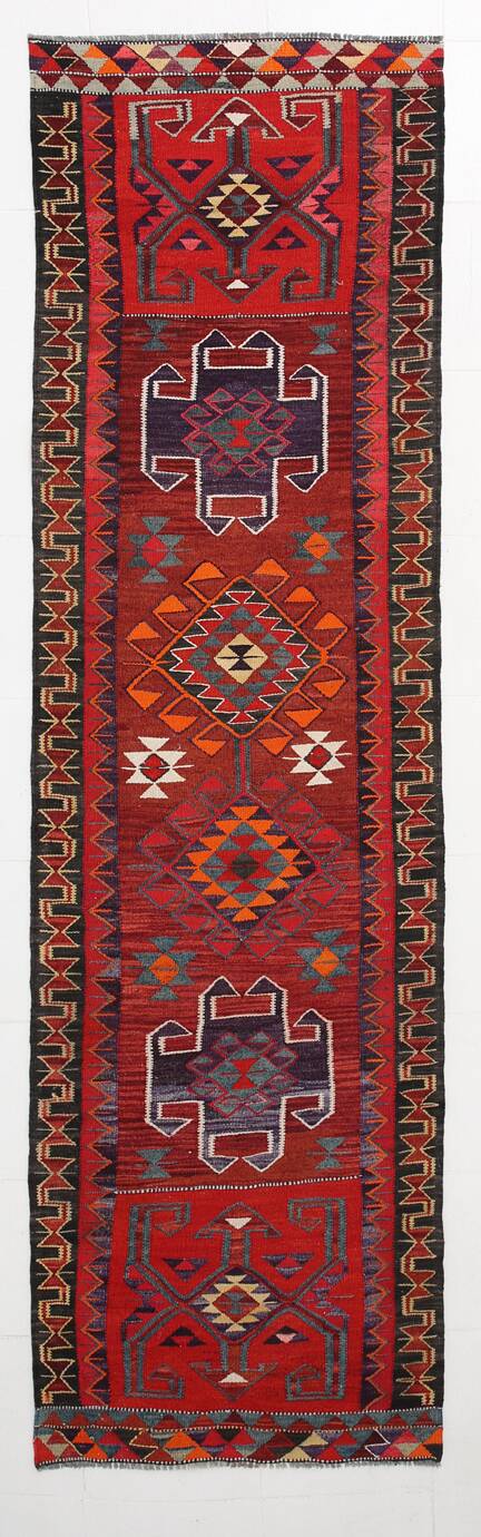 3x12 Wine Red Geometric Vintage Runner Rug, 99x352Cm