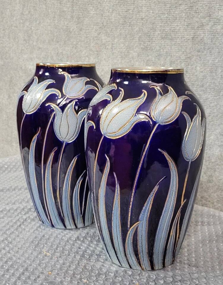Alsace stoneware: pair of tulip vases signed Hubert Krumeich-Remmy