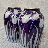 Alsace stoneware: pair of tulip vases signed Hubert Krumeich-Remmy
