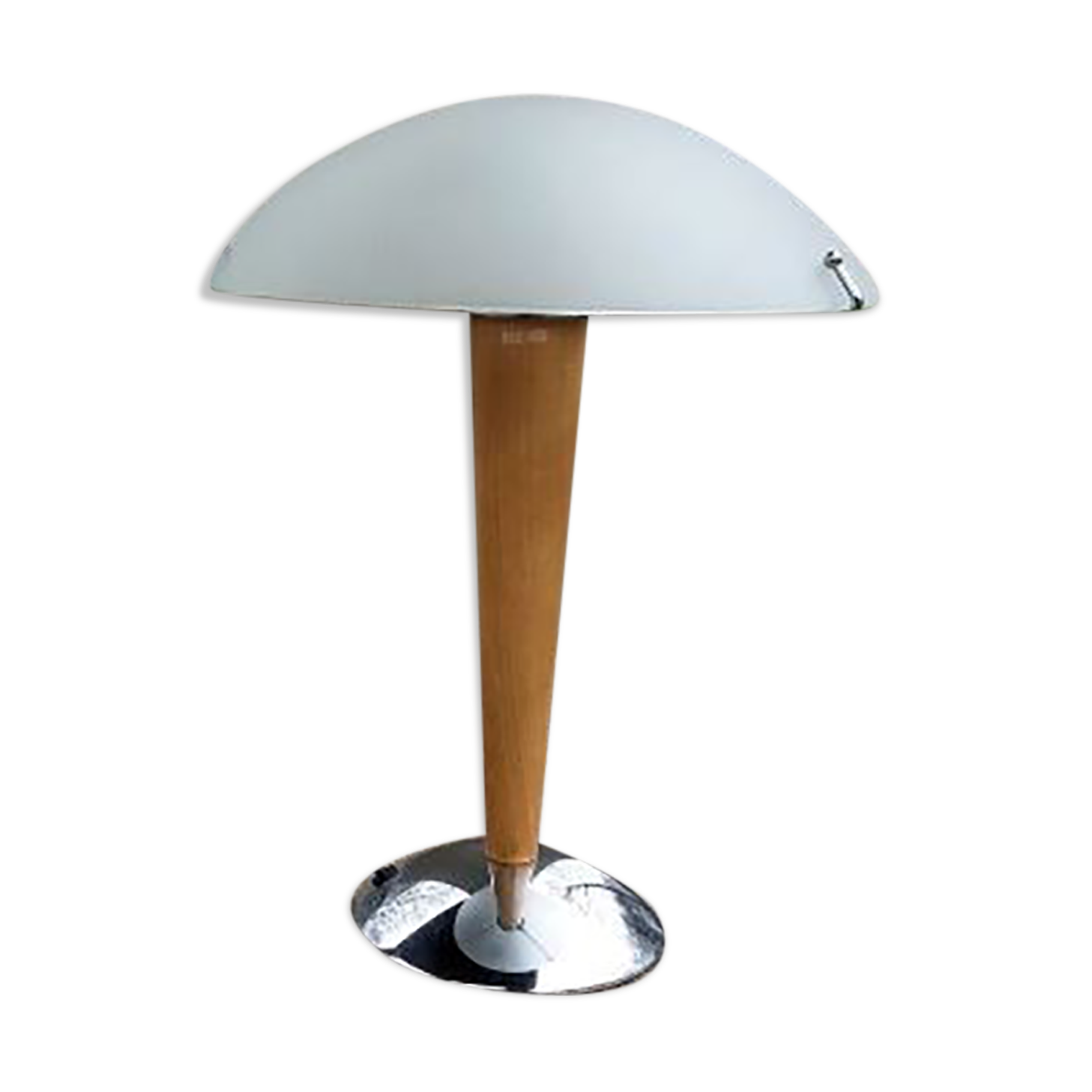Table lamp legs chrome wood lampshade opaque glass.