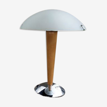 Lampe de table pieds bois chromé abat jour verre opaque
