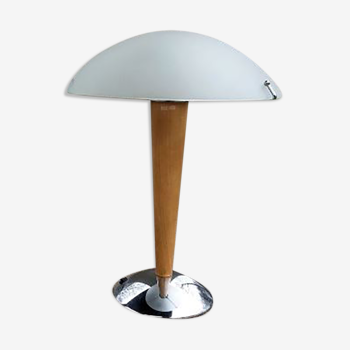 Table lamp legs chrome wood lampshade opaque glass.