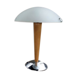 Table lamp legs chrome wood lampshade opaque glass.