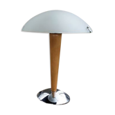 Table lamp legs chrome wood lampshade opaque glass.