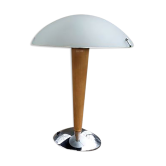Table lamp legs chrome wood lampshade opaque glass.