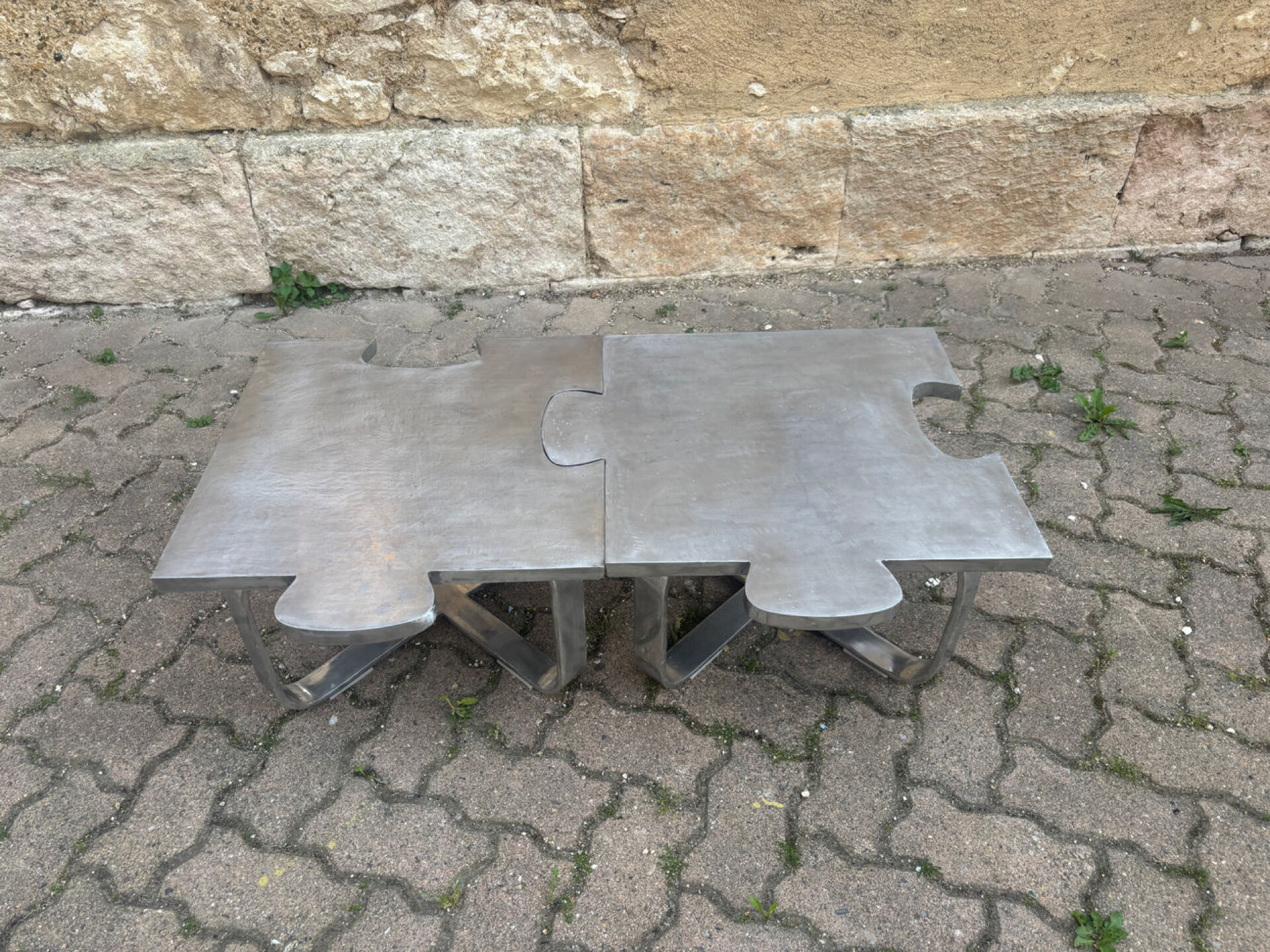 Pair of uniquely designed handmade puzzle coffee tables