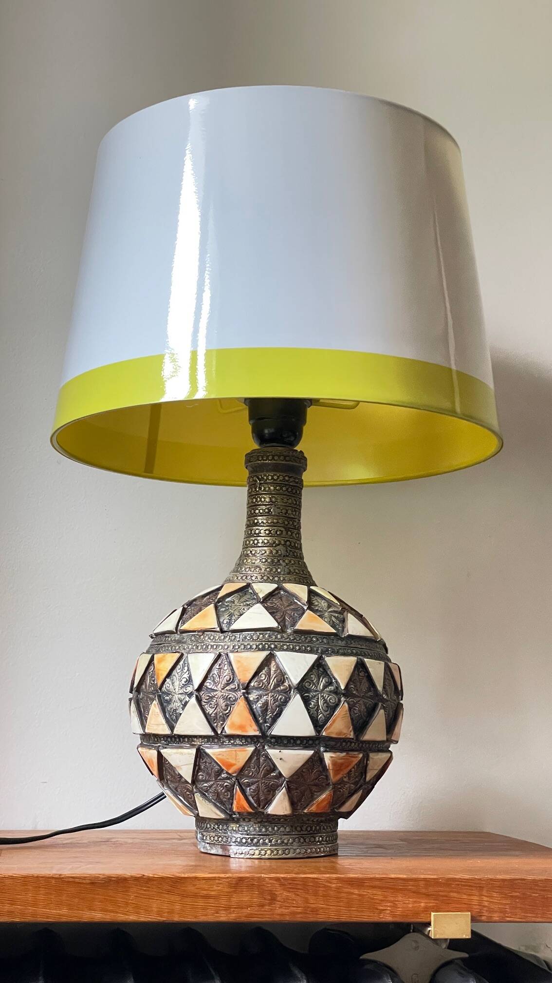 Vintage handcrafted lamp, pottery and silver-plated metal