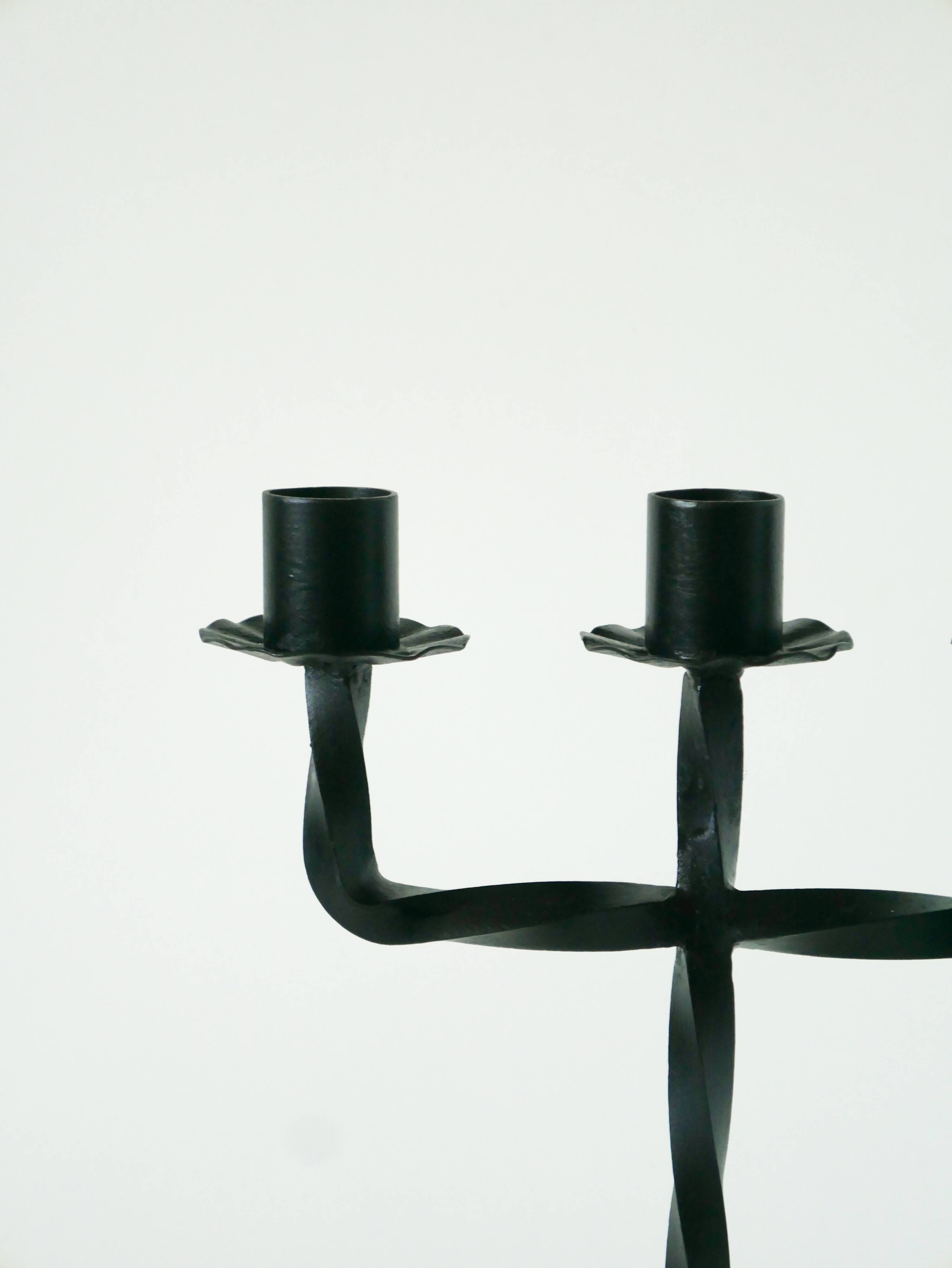 three-light wrought iron candlestick, Brutalist, 1970