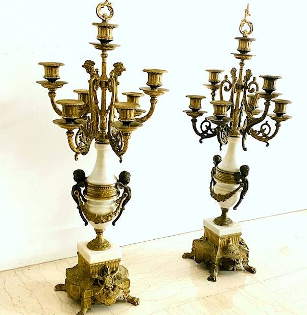 Paire de grands candélabres 7 feux - 69 cm - Bronze - Putti