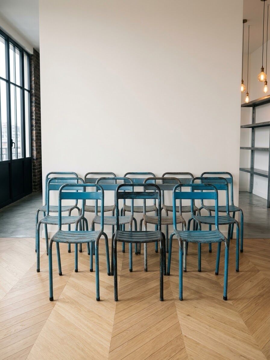 Set of 15 vintage industrial metal chairs from the 1950s.