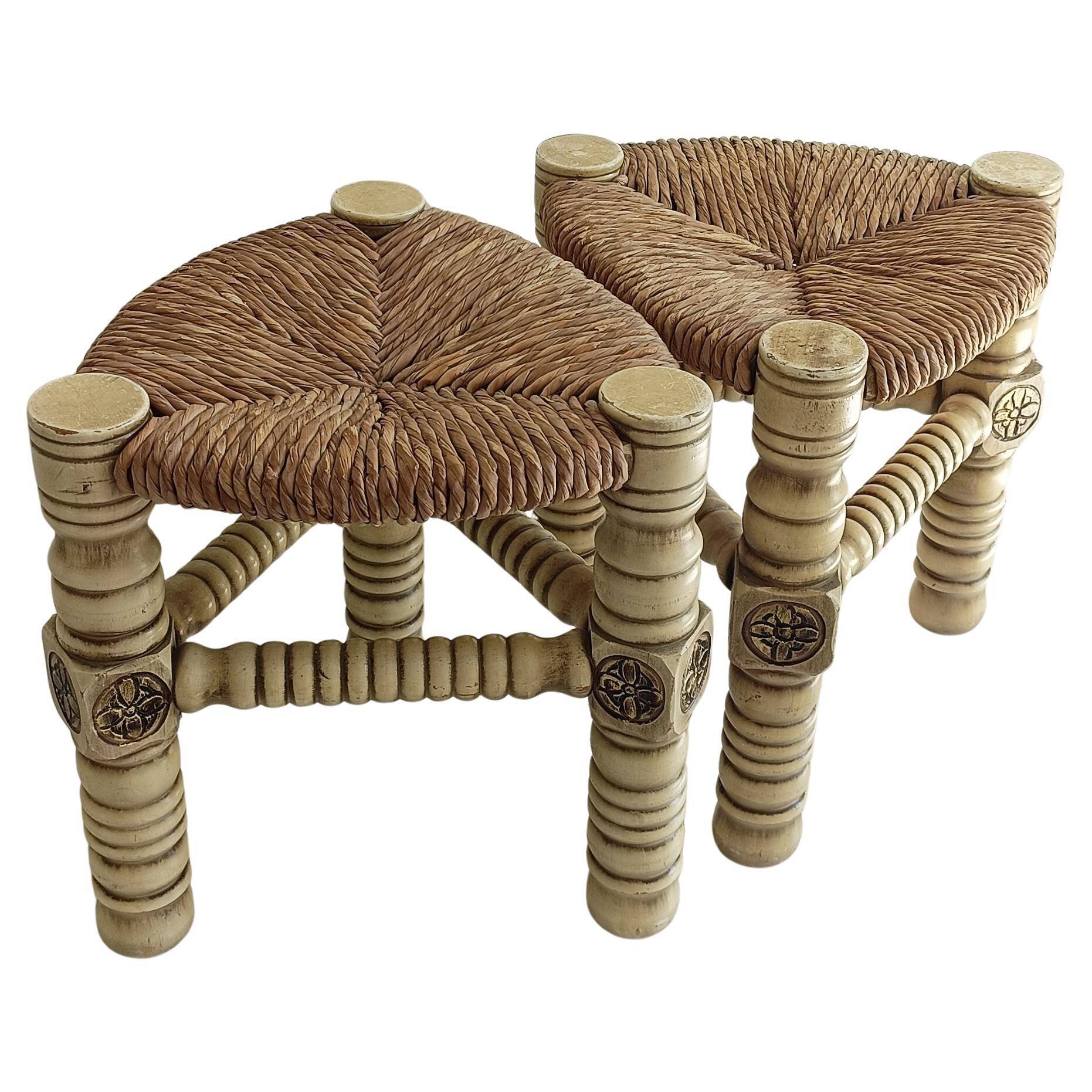 Brutalist Hand-Carved Wood and Fiber Stools, Belgium, Circa 1960s