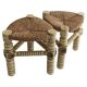 Brutalist Hand-Carved Wood and Fiber Stools, Belgium, Circa 1960s
