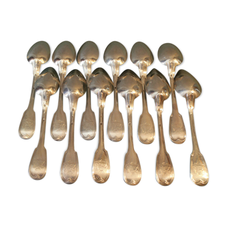 Set of 12 large spoons model silver net Old man 19th coat of arms comtal crown