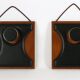 Two coat hangers, wood, leather and black leather, 70s