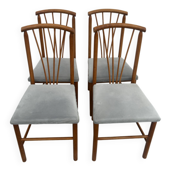 Suite de 4 chaises vintage en bois, dossier éventail, années 50/60