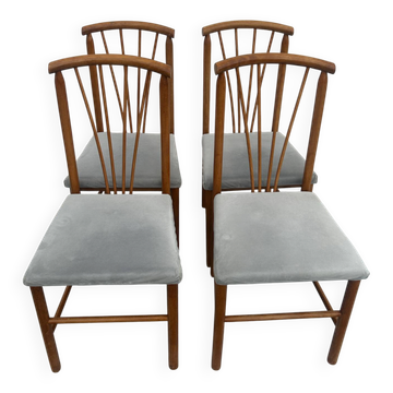 Suite de 4 chaises vintage en bois, dossier éventail, années 50/60