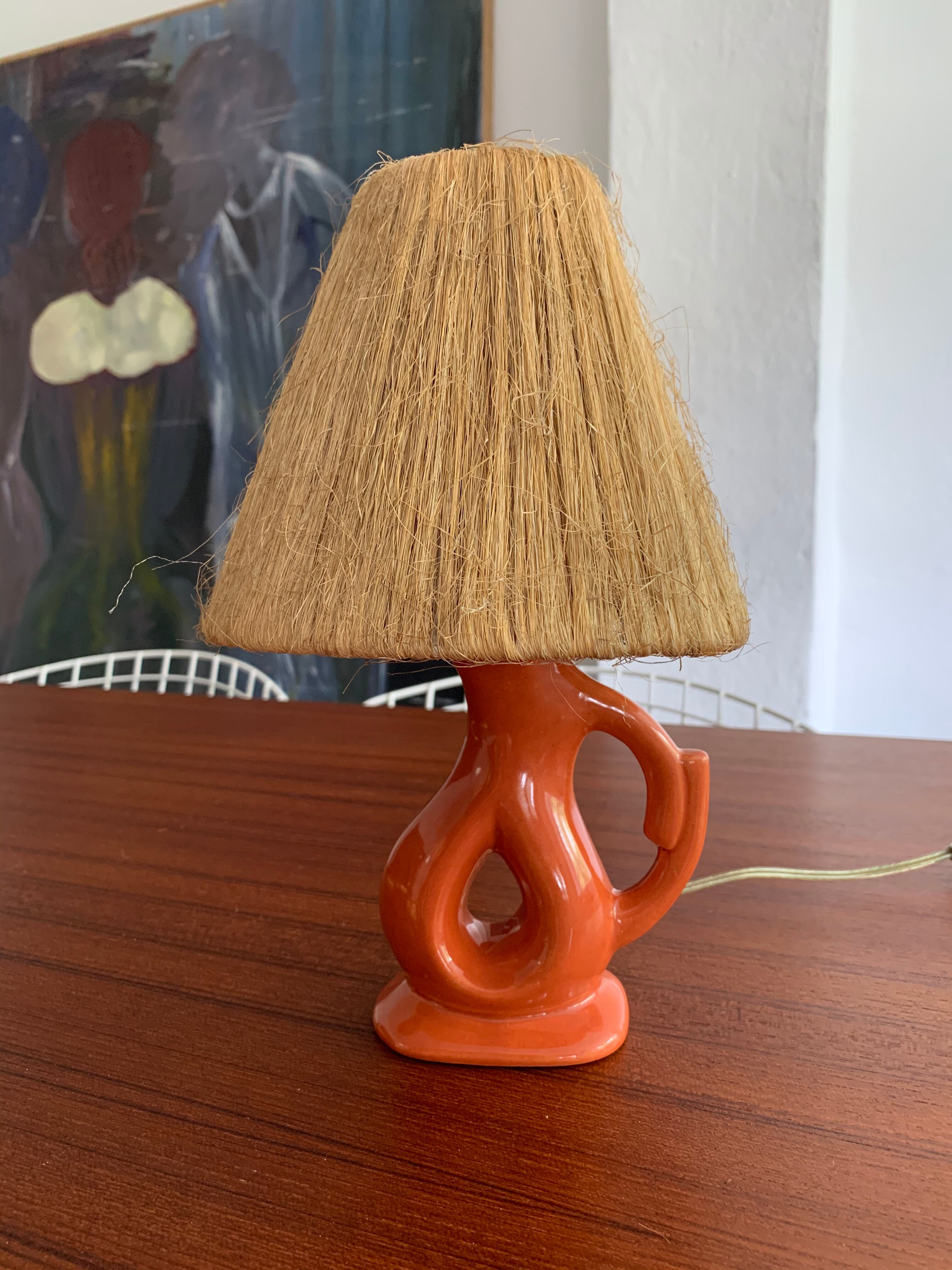 Vintage ceramic and raffia lamp