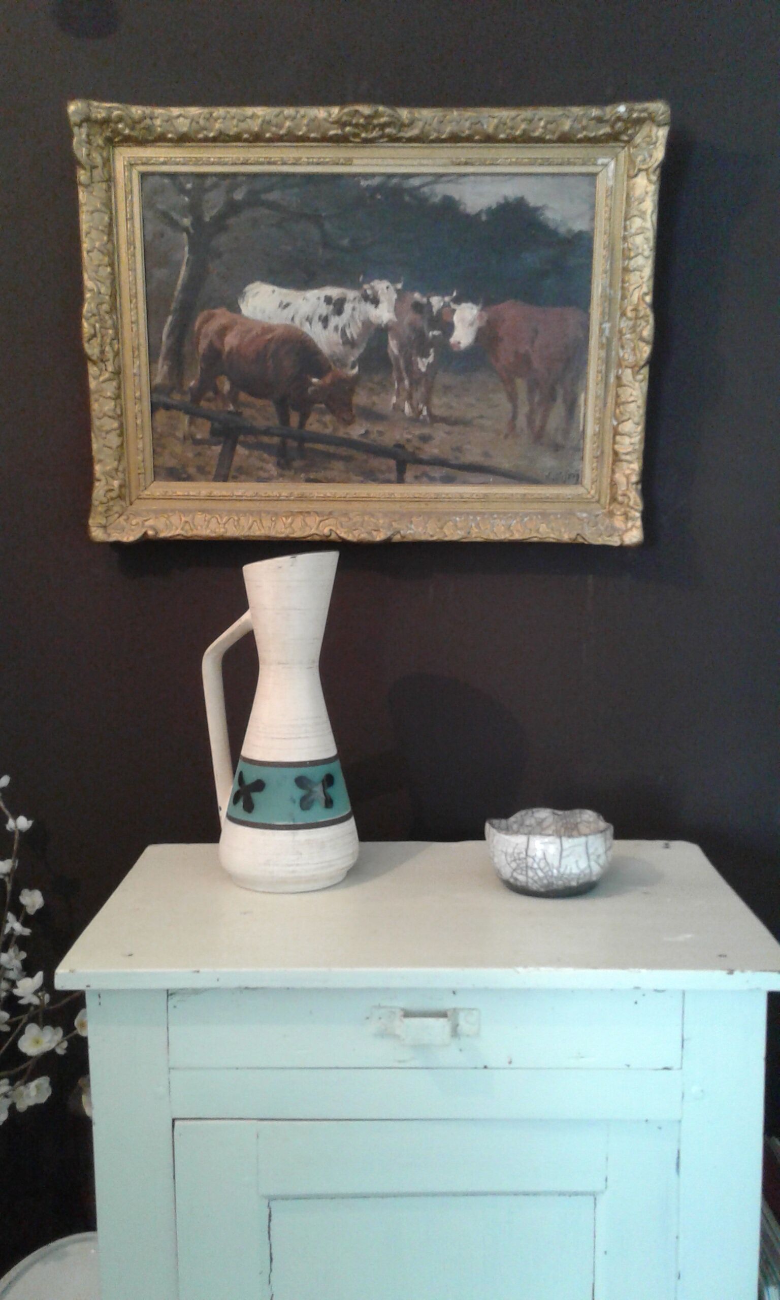 Enamelled ceramic pourer, duck blue décor